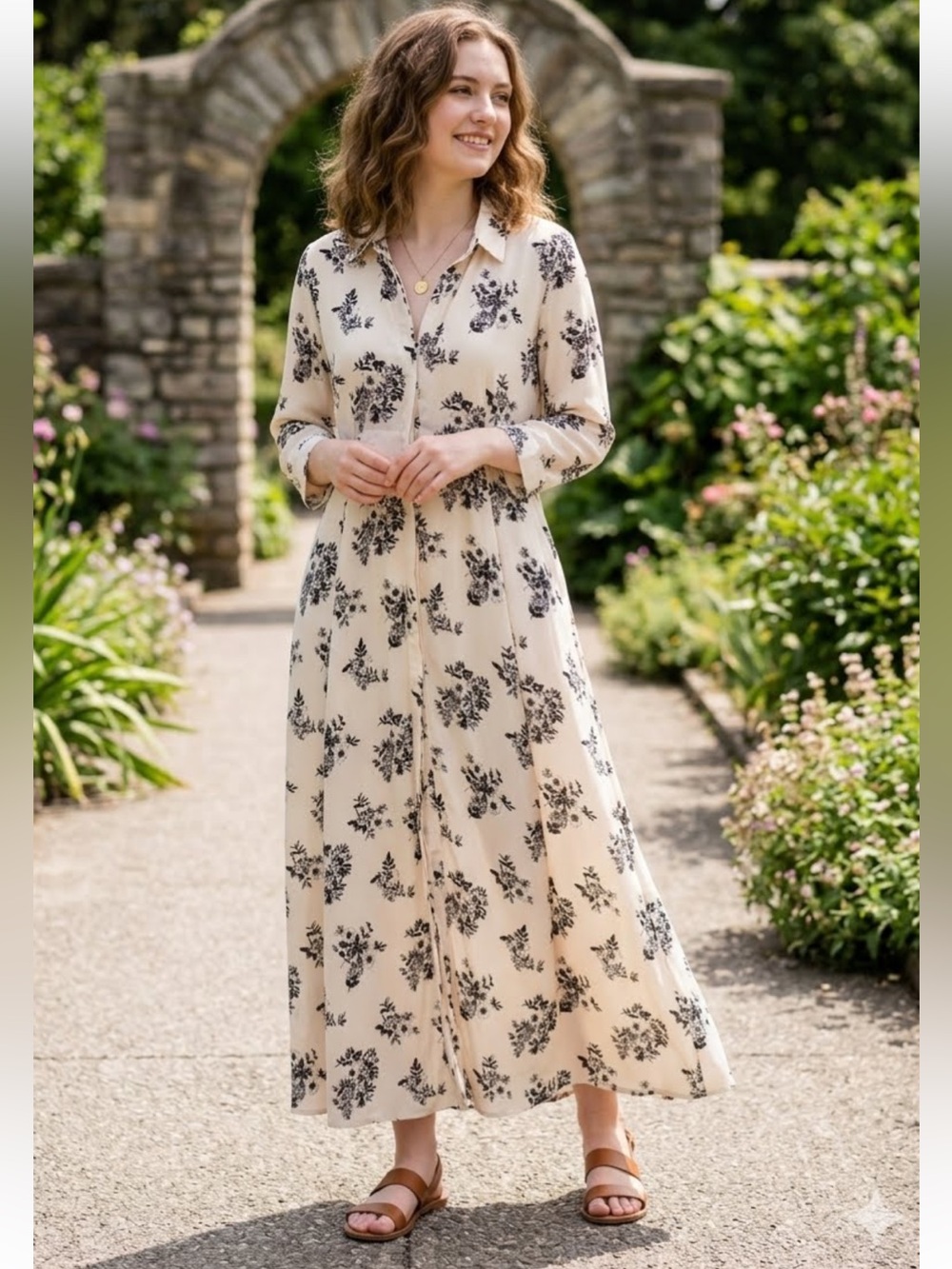 Ethereal Button-Front Maxi Shirt Dress Panelled Skirt Floral Print Medium